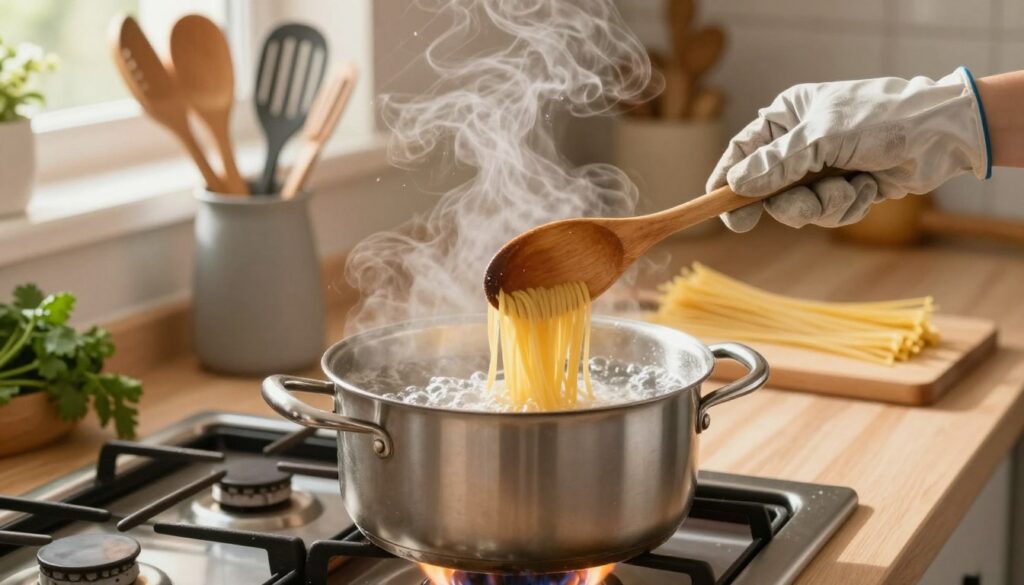 A bright, inviting kitchen scene focused on cooking pasta in boiling water. In the foreground, a large pot filled with bubbling, steaming water sits on a gas stove with flames gently lapping at the bottom. A hand, wearing a modest kitchen glove, is delicately lowering a bundle of spaghetti into the pot. In the middle ground, a wooden spoon is poised to stir the pasta, suggesting movement and action. The background features neatly organized kitchen utensils and a small window letting in warm, natural light, creating a cozy atmosphere. The color palette includes warm earth tones with a splash of green from fresh herbs on the counter, enhancing the inviting feel of home cooking. The overall mood is dynamic and vibrant, perfect for engaging readers in the cooking process. A bright, inviting kitchen scene focused on cooking pasta in boiling water. In the foreground, a large pot filled with bubbling, steaming water sits on a gas stove with flames gently lapping at the bottom. A hand, wearing a modest kitchen glove, is delicately lowering a bundle of spaghetti into the pot. In the middle ground, a wooden spoon is poised to stir the pasta, suggesting movement and action. The background features neatly organized kitchen utensils and a small window letting in warm, natural light, creating a cozy atmosphere. The color palette includes warm earth tones with a splash of green from fresh herbs on the counter, enhancing the inviting feel of home cooking. The overall mood is dynamic and vibrant, perfect for engaging readers in the cooking process.