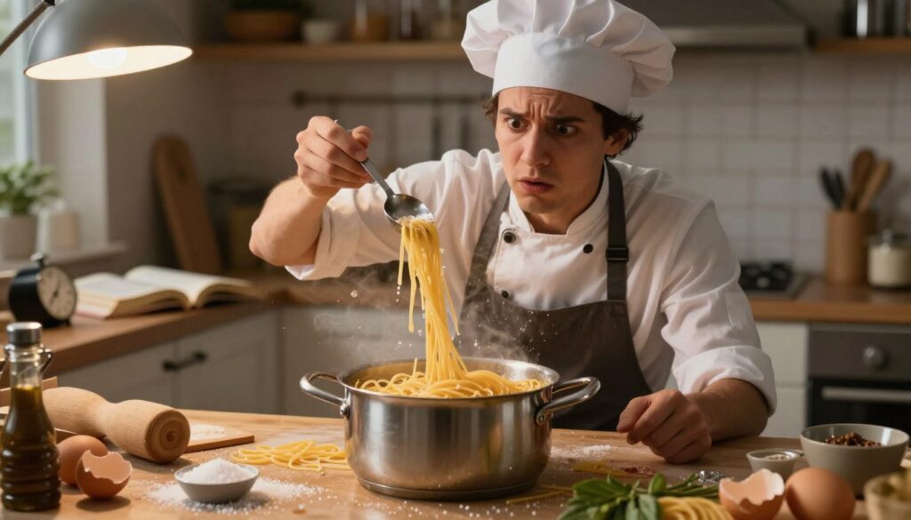 A chaotic kitchen scene illustrating common mistakes when cooking pasta. In the foreground, a pot of overboiling pasta with spilled water and pasta straining to escape. Scattered ingredients like spilled salt and broken eggs create a sense of disorder. In the middle ground, a worried cook in a simple, modest kitchen outfit looks perplexed, holding a measuring spoon, unsure of how much salt to add. The background features a cluttered countertop with half-opened cookbooks and a timer ringing. Warm, soft lighting from an overhead lamp casts a cozy glow, evoking a blend of frustration and humor. The overall atmosphere should be lively yet relatable, capturing the essence of cooking mishaps. A chaotic kitchen scene illustrating common mistakes when cooking pasta. In the foreground, a pot of overboiling pasta with spilled water and pasta straining to escape. Scattered ingredients like spilled salt and broken eggs create a sense of disorder. In the middle ground, a worried cook in a simple, modest kitchen outfit looks perplexed, holding a measuring spoon, unsure of how much salt to add. The background features a cluttered countertop with half-opened cookbooks and a timer ringing. Warm, soft lighting from an overhead lamp casts a cozy glow, evoking a blend of frustration and humor. The overall atmosphere should be lively yet relatable, capturing the essence of cooking mishaps.