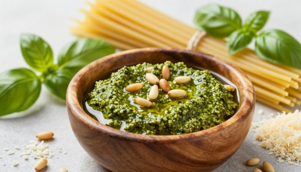A close-up composition of a vibrant green basil pesto in a rustic wooden bowl, glistening with olive oil and sprinkled with pine nuts. Surround the bowl with fresh ingredients: a bunch of fragrant basil leaves, grated Parmesan cheese, and raw pine nuts. In the background, include strands of al dente pasta artistically arranged, drizzled with the aromatic pesto, and garnished with fresh basil leaves. Soft, natural lighting highlights the textures and colors, casting gentle shadows that create depth. Use a shallow depth of field to keep the pesto and ingredients in sharp focus while softly blurring the pasta in the background, evoking a warm, inviting atmosphere typical of Italian cuisine. The overall mood should feel fresh, vibrant, and appetizing. A close-up composition of a vibrant green basil pesto in a rustic wooden bowl, glistening with olive oil and sprinkled with pine nuts. Surround the bowl with fresh ingredients: a bunch of fragrant basil leaves, grated Parmesan cheese, and raw pine nuts. In the background, include strands of al dente pasta artistically arranged, drizzled with the aromatic pesto, and garnished with fresh basil leaves. Soft, natural lighting highlights the textures and colors, casting gentle shadows that create depth. Use a shallow depth of field to keep the pesto and ingredients in sharp focus while softly blurring the pasta in the background, evoking a warm, inviting atmosphere typical of Italian cuisine. The overall mood should feel fresh, vibrant, and appetizing.
