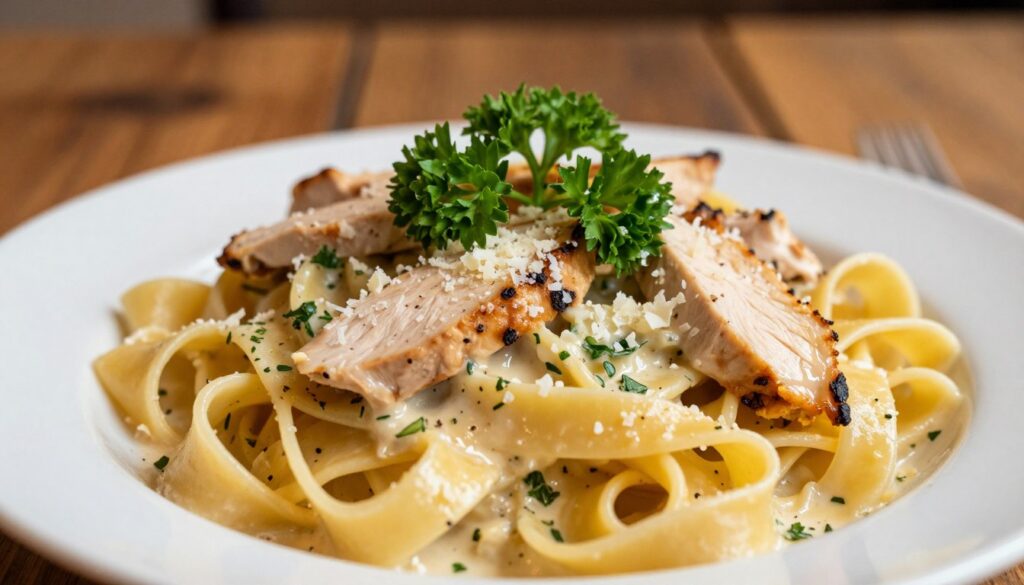A close-up of a delicious plate of tagliatelle pasta, elegantly twirled and topped with a creamy sauce made of chicken, herbs, and a sprinkle of grated Parmesan cheese. The foreground features the glossy, fresh tagliatelle, glistening under soft, warm lighting that highlights its texture. In the middle, vibrant green parsley and a few slices of grilled chicken are artfully arranged around the pasta, adding bursts of color. The background consists of a rustic wooden table, softly blurred to create depth while maintaining a cozy, inviting atmosphere. The overall mood is warm and appetizing, evoking a sense of comfort and culinary delight. A close-up of a delicious plate of tagliatelle pasta, elegantly twirled and topped with a creamy sauce made of chicken, herbs, and a sprinkle of grated Parmesan cheese. The foreground features the glossy, fresh tagliatelle, glistening under soft, warm lighting that highlights its texture. In the middle, vibrant green parsley and a few slices of grilled chicken are artfully arranged around the pasta, adding bursts of color. The background consists of a rustic wooden table, softly blurred to create depth while maintaining a cozy, inviting atmosphere. The overall mood is warm and appetizing, evoking a sense of comfort and culinary delight.