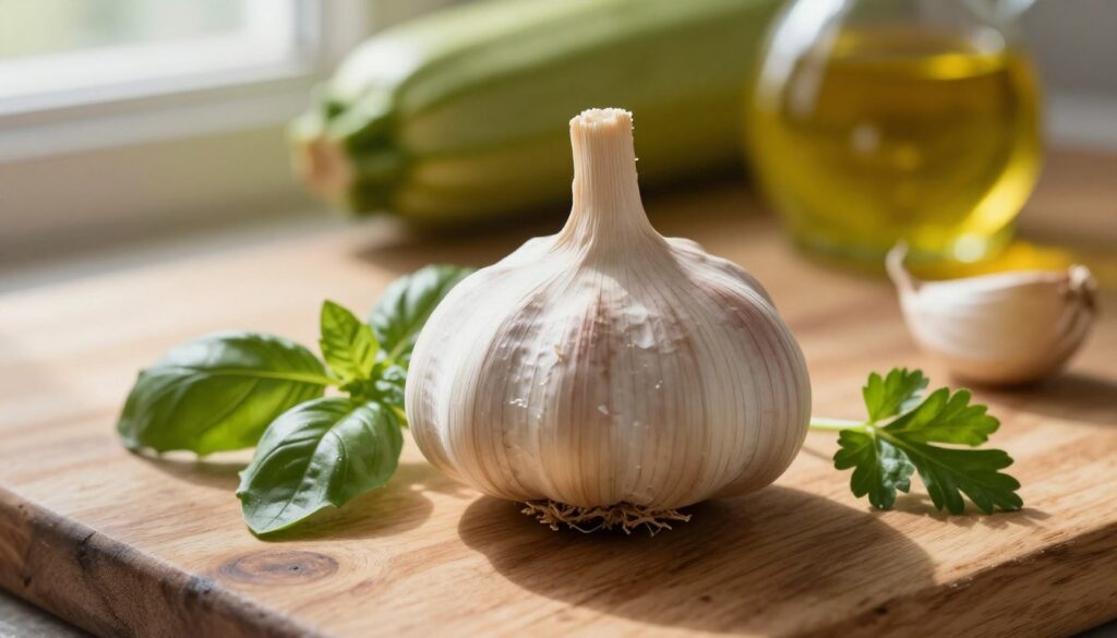 A close-up of a fresh, plump garlic bulb resting elegantly on a rustic wooden kitchen countertop, surrounded by delicate sprigs of fresh herbs like basil and parsley. The garlic has a slightly glossy sheen, revealing its textured skin. A soft golden light filters through a nearby window, casting gentle shadows that enhance the natural curves and shapes of the garlic. In the background, out-of-focus ingredients like zucchini and a bowl of olive oil hint at a delicious pasta preparation, creating a warm, inviting atmosphere. The composition captures the essence of fresh cooking and the rich flavors of the dish, emphasizing garlic's essential role in enhancing taste.