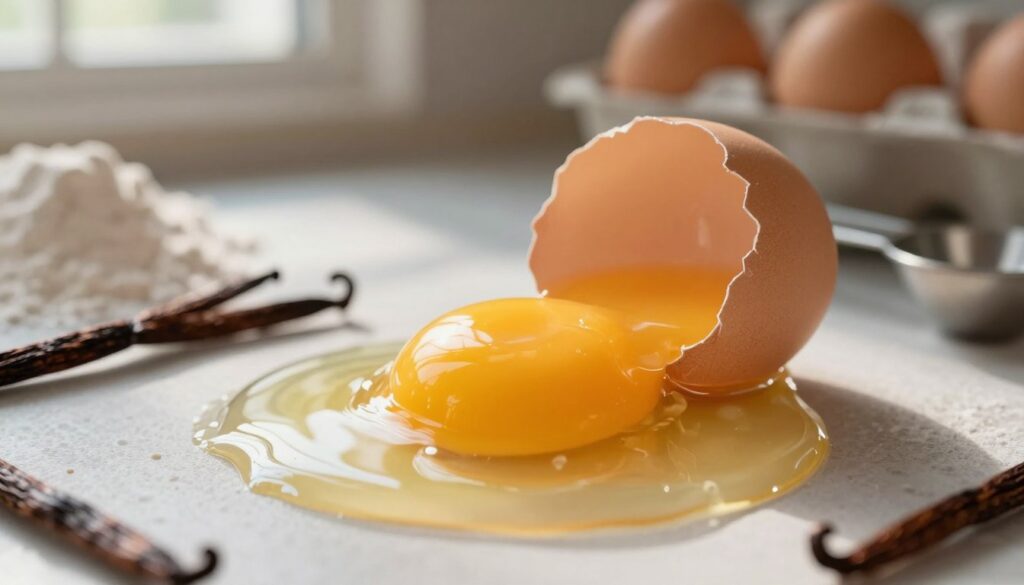 A close-up of a single freshly cracked egg, with the yolk and egg white glistening widely, set against a soft-focus kitchen counter background. In the foreground, the rich yellow yolk contrasts with the transparent egg white, showcasing the texture and freshness. Surrounding the egg, hints of baking ingredients like flour, a measuring spoon, and scattered vanilla beans suggest the process of baking. The lighting is warm and inviting, resembling natural light streaming through a kitchen window, casting soft shadows that evoke a cozy and homey atmosphere. The angle is slightly elevated, capturing the egg’s details while hinting at an active kitchen scene. The overall mood is one of warmth, creativity, and culinary passion. A close-up of a single freshly cracked egg, with the yolk and egg white glistening widely, set against a soft-focus kitchen counter background. In the foreground, the rich yellow yolk contrasts with the transparent egg white, showcasing the texture and freshness. Surrounding the egg, hints of baking ingredients like flour, a measuring spoon, and scattered vanilla beans suggest the process of baking. The lighting is warm and inviting, resembling natural light streaming through a kitchen window, casting soft shadows that evoke a cozy and homey atmosphere. The angle is slightly elevated, capturing the egg’s details while hinting at an active kitchen scene. The overall mood is one of warmth, creativity, and culinary passion.