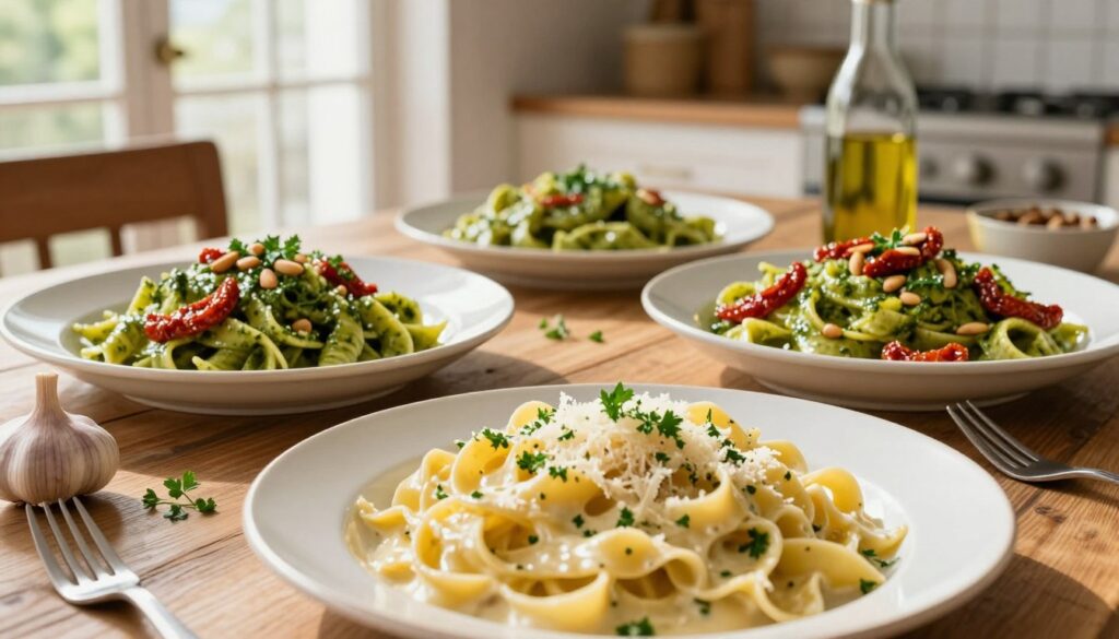 A close-up of a variety of pasta dishes displayed on a beautifully set dining table. In the foreground, a plate of creamy fettuccine with a glossy coating of rich alfredo sauce, sprinkled with parsley and grated parmesan, sits invitingly. Next to it, a vibrant bowl of pesto pasta, adorned with sun-dried tomatoes and toasted pine nuts, adds a burst of color. In the middle ground, a rustic wooden table, with soft, natural sunlight filtering through large windows, creates a warm, cozy atmosphere. Fresh herbs and ingredients like garlic and olive oil are scattered artistically for added detail. The background features an elegant kitchen setting, creating a homely yet upscale vibe, emphasizing the theme of indulgent toppings that overshadow the lightness of the pasta.
