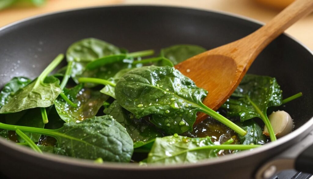 A close-up of fresh spinach leaves sautéing in a glossy skillet, capturing the vibrant green color of the leaves as they glisten in the hot oil. The spinaches are delicate and slightly wilted, hinting at their tenderness. The background features a softly blurred kitchen setting, with warm, ambient lighting that enhances the cozy atmosphere. In the foreground, a wooden spoon is stirring the spinach, and a few garlic cloves can be seen next to the skillet, adding to the culinary scene. The angle emphasizes the texture of the spinach and the glossy sheen of the pan, creating an appetizing and inviting mood perfect for a cooking article.