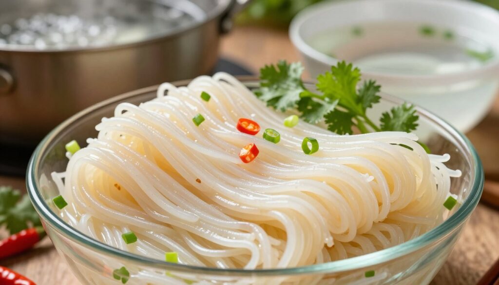 A close-up of perfectly cooked rice noodles, glistening and separated, showcasing their smooth texture. The noodles are placed elegantly in a clear glass bowl, surrounded by ingredients like fresh cilantro, sliced green onions, and a few red chili peppers to add vibrant color. In the background, a pot of bubbling water is visible, hinting at the cooking process, while a bowl of cold water sits nearby, emphasizing the cooling method used to prevent stickiness. Soft, natural light filters in, casting a warm glow over the scene, creating a cozy and inviting atmosphere. The image captures the essence of perfect rice noodle preparation, with an emphasis on clarity and appeal. A close-up of perfectly cooked rice noodles, glistening and separated, showcasing their smooth texture. The noodles are placed elegantly in a clear glass bowl, surrounded by ingredients like fresh cilantro, sliced green onions, and a few red chili peppers to add vibrant color. In the background, a pot of bubbling water is visible, hinting at the cooking process, while a bowl of cold water sits nearby, emphasizing the cooling method used to prevent stickiness. Soft, natural light filters in, casting a warm glow over the scene, creating a cozy and inviting atmosphere. The image captures the essence of perfect rice noodle preparation, with an emphasis on clarity and appeal.