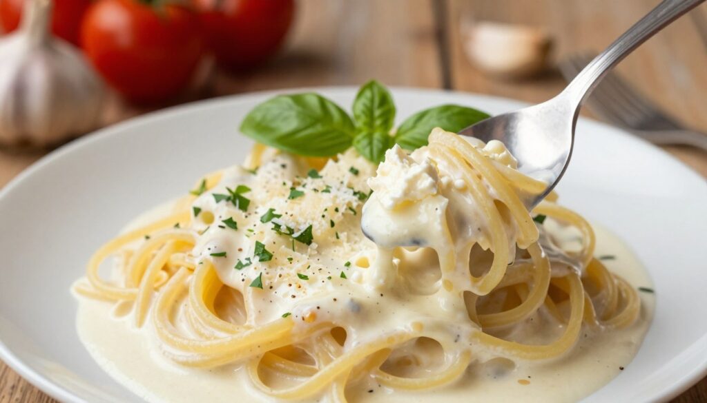 A close-up shot of a creamy spaghetti sauce featuring rich śmietana, with a velvety texture glistening under soft, warm lighting. In the foreground, a spoon scoops up the sauce, revealing chunks of mascarpone cheese melting into the mix. The middle layer showcases a plates of al dente spaghetti twirled beautifully, coated in the creamy sauce, garnished with fresh herbs like basil and a sprinkle of grated parmesan cheese. In the background, a rustic wooden table setting with a few tomatoes and garlic cloves subtly enhances the culinary theme. The overall atmosphere is inviting and appetizing, creating a cozy ambiance perfect for a delicious meal. The composition uses a shallow depth of field to keep the focus on the pasta and sauce while softly blurring the background for an intimate dining vibe.