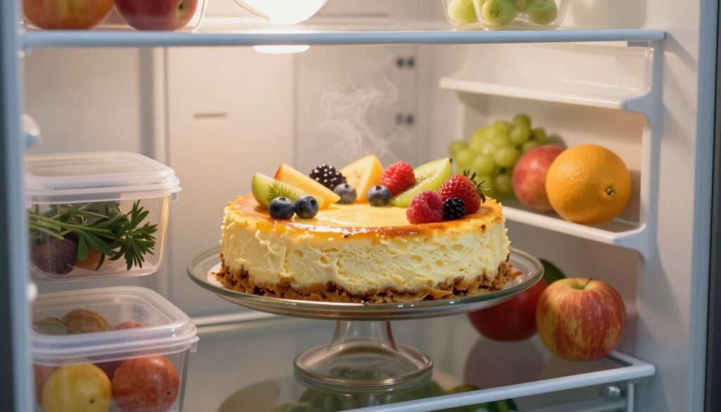 A close-up shot of an open refrigerator showcasing various food items, highlighting a beautifully presented cheesecake placed on a glass cake stand. The cheesecake, decorated with fresh fruits, appears moist and aromatic, exuding a subtle glow. Surrounding the cheesecake are different foods in transparent storage containers, including herbs and fruit, that hint at strong scents, with a slight fog suggesting the mingling of aromas. Soft, natural light filters in from the top, casting gentle shadows and creating a warm atmosphere. In the background, shelves lined with colorful fruits and vegetables can be seen, but the focus remains on the cheesecake, emphasizing its freshness and the importance of proper food storage. The overall mood is inviting and appetizing, encouraging the viewer to consider how scents interact in a refrigerator. A close-up shot of an open refrigerator showcasing various food items, highlighting a beautifully presented cheesecake placed on a glass cake stand. The cheesecake, decorated with fresh fruits, appears moist and aromatic, exuding a subtle glow. Surrounding the cheesecake are different foods in transparent storage containers, including herbs and fruit, that hint at strong scents, with a slight fog suggesting the mingling of aromas. Soft, natural light filters in from the top, casting gentle shadows and creating a warm atmosphere. In the background, shelves lined with colorful fruits and vegetables can be seen, but the focus remains on the cheesecake, emphasizing its freshness and the importance of proper food storage. The overall mood is inviting and appetizing, encouraging the viewer to consider how scents interact in a refrigerator.