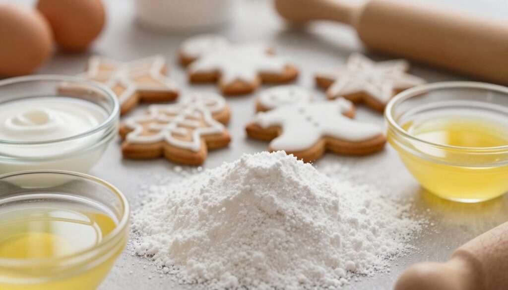A close-up view of a beautifully arranged set of ingredients for making royal icing, specifically featuring a mound of powdered sugar (cukier puder) in the foreground, glistening under soft, natural light. The sugar has a delicate, crystalline texture, and is surrounded by small, elegant bowls filled with egg whites and lemon juice, hinting at their use in the icing. In the middle ground, festive, gingerbread cookie shapes are being decorated with white icing, showcasing intricate designs. The background is softly blurred to emphasize the ingredients and cookies, with warm kitchen tones creating a cozy atmosphere. The composition should capture a sense of warmth and creativity, inviting viewers into the art of baking. A close-up view of a beautifully arranged set of ingredients for making royal icing, specifically featuring a mound of powdered sugar (cukier puder) in the foreground, glistening under soft, natural light. The sugar has a delicate, crystalline texture, and is surrounded by small, elegant bowls filled with egg whites and lemon juice, hinting at their use in the icing. In the middle ground, festive, gingerbread cookie shapes are being decorated with white icing, showcasing intricate designs. The background is softly blurred to emphasize the ingredients and cookies, with warm kitchen tones creating a cozy atmosphere. The composition should capture a sense of warmth and creativity, inviting viewers into the art of baking.
