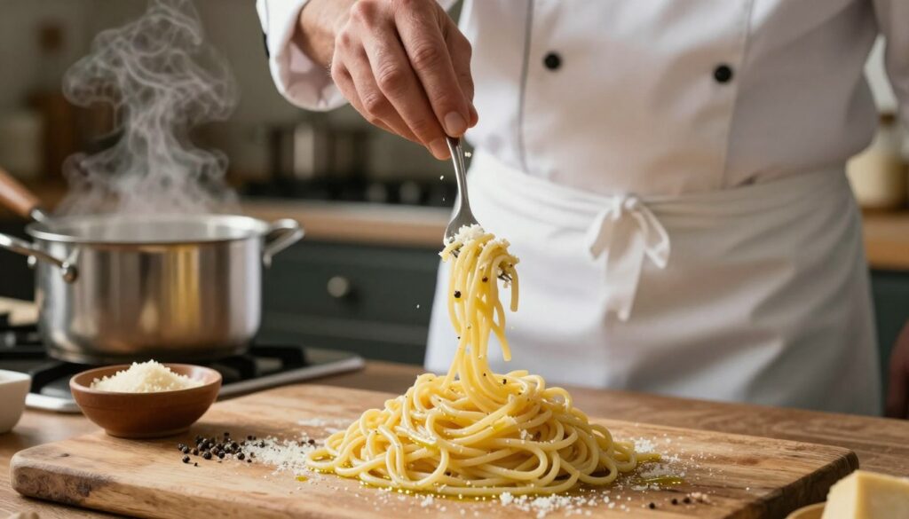 A close-up view of a beautifully cooked spaghetti dish being prepared for traditional carbonara. In the foreground, al dente spaghetti twirls elegantly on a fork, glistening with olive oil. A rustic wooden table holds a small bowl of grated Parmesan cheese and a handful of fresh black pepper nearby. In the middle, a skilled chef in a neat white apron is sprinkling the cheese onto the pasta, with a focus on the chef's hands to capture the technique. The background features a soft-focused kitchen with warm lighting, enhancing the cozy, authentic atmosphere. A pot of boiling water can be seen on the stove, steam rising gently, evoking a sense of home-cooked warmth and culinary mastery.