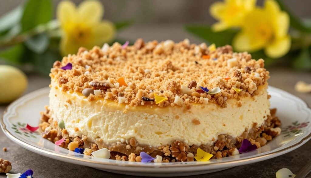A close-up view of a beautifully decorated Easter cheesecake topped with a generous layer of kruszonka, showcasing its crumbly, golden texture that adds a touch of elegance. The cheesecake is placed on a vintage porcelain plate with delicate floral patterns. In the foreground, finely chopped nuts and colorful edible flower petals accentuate the dessert, adding visual interest. In the middle ground, a soft-focus background features lush green foliage and bright spring flowers, emphasizing the freshness of the season. The lighting is warm and inviting, casting gentle shadows that highlight the cheesecake's creamy layer and the contrasting crunch of the kruszonka. The overall atmosphere is festive and sophisticated, perfect for an Easter celebration. A close-up view of a beautifully decorated Easter cheesecake topped with a generous layer of kruszonka, showcasing its crumbly, golden texture that adds a touch of elegance. The cheesecake is placed on a vintage porcelain plate with delicate floral patterns. In the foreground, finely chopped nuts and colorful edible flower petals accentuate the dessert, adding visual interest. In the middle ground, a soft-focus background features lush green foliage and bright spring flowers, emphasizing the freshness of the season. The lighting is warm and inviting, casting gentle shadows that highlight the cheesecake's creamy layer and the contrasting crunch of the kruszonka. The overall atmosphere is festive and sophisticated, perfect for an Easter celebration.