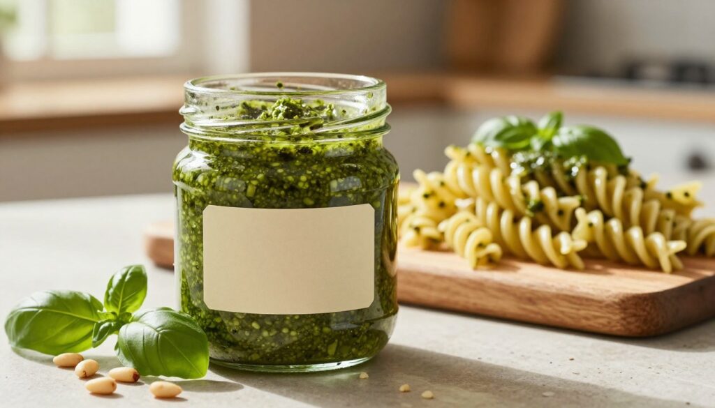 A close-up view of a beautifully designed glass jar filled with vibrant green homemade pesto, prominently placed in the foreground. The jar's label is elegantly styled but blank, allowing the rich color of the pesto to stand out. Beside the jar, scattered pine nuts and fresh basil leaves create an inviting scene. In the middle ground, a wooden cutting board holds freshly cooked pasta twirls, lightly coated with a glistening layer of pesto. The background features a soft-focus kitchen setting with warm, natural lighting filtering through a window, casting gentle shadows. The overall mood is warm and inviting, emphasizing a rustic, homemade feel, perfect for illustrating the art of preparing pasta with pesto. A close-up view of a beautifully designed glass jar filled with vibrant green homemade pesto, prominently placed in the foreground. The jar's label is elegantly styled but blank, allowing the rich color of the pesto to stand out. Beside the jar, scattered pine nuts and fresh basil leaves create an inviting scene. In the middle ground, a wooden cutting board holds freshly cooked pasta twirls, lightly coated with a glistening layer of pesto. The background features a soft-focus kitchen setting with warm, natural lighting filtering through a window, casting gentle shadows. The overall mood is warm and inviting, emphasizing a rustic, homemade feel, perfect for illustrating the art of preparing pasta with pesto.