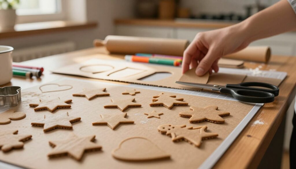 A close-up view of a crafting table featuring various homemade gingerbread cookie shapes made from cardboard and paper. In the foreground, focus on intricately cut-out shapes resembling stars, hearts, and trees, with a pair of scissors and a cutting mat beside them. The middle layer includes a hand holding a cardboard template and a pile of colorful markers. The background shows a cozy kitchen atmosphere, with warm, ambient lighting streaming through a window, casting soft shadows. Include subtle hints of flour and baking materials to convey a festive, creative mood, emphasizing the eco-friendly aspect of using cardboard for cookie cutters.