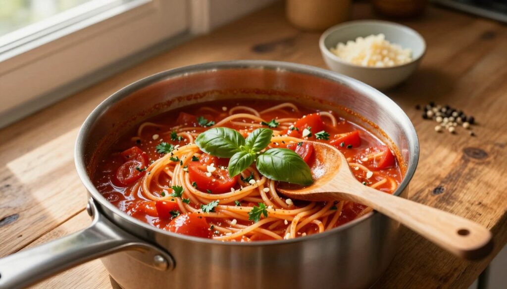 A close-up view of a rich, simmering spaghetti sauce in a stainless steel pot on a rustic wooden kitchen counter. The sauce is vibrant red, dotted with fresh herbs like basil and parsley, and mixed with chunks of ripe tomatoes and minced garlic. In the foreground, a wooden spoon rests beside the pot, indicating the process of cooking. Soft, golden light filters through a nearby window, casting warm shadows that enhance the cozy atmosphere. In the background, a small bowl of grated Parmesan cheese and a few spices are artfully arranged, suggesting the next steps in the recipe. The scene exudes a warm, inviting mood, perfect for illustrating the art of cooking delicious spaghetti sauce.