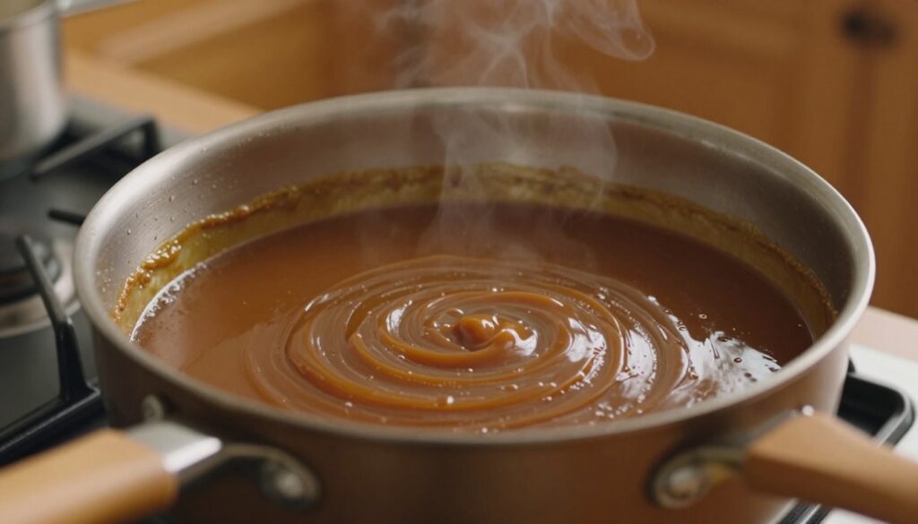 A close-up view of a saucepan on a stovetop, filled with rich, glossy caramel that glistens under soft, warm light. The caramel is bubbling gently, with a delicate swirl pattern visible on the surface. In the foreground, wooden utensils are neatly arranged, hinting at the process of making caramel using the "wet method." Behind the saucepan, blurred kitchen elements create a cozy, inviting atmosphere, with warm-toned cabinets and a hint of soft steam rising. The scene should evoke a sense of home cooking, warmth, and artistry, emphasizing the smooth texture and deep amber color of the caramel. The image should be captured from a slightly elevated angle, showcasing both the depth of the saucepan and the surrounding kitchen environment.