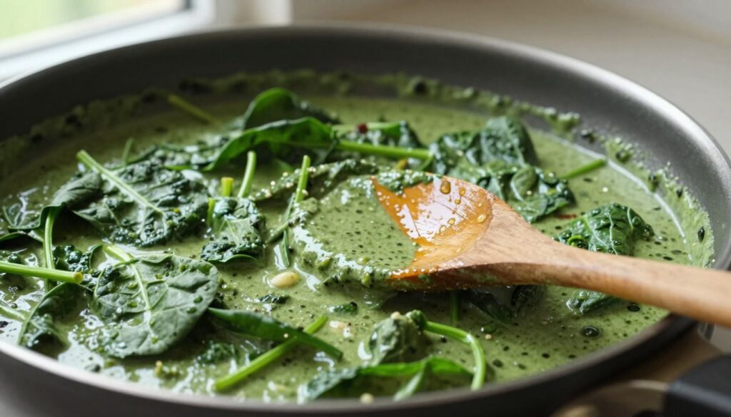 A close-up view of a skillet filled with creamy spinach sauce, showcasing its rich green color and velvety texture. In the foreground, a wooden spoon rests against the edge of the skillet, with droplets of sauce glistening on its surface. The middle ground features the vibrant spinach leaves, sautéed and fully incorporated into the sauce, with hints of garlic and spices visible. In the background, soft, natural lighting filters through a kitchen window, illuminating the scene and creating a warm, inviting atmosphere. The angle captures the essence of home cooking, emphasizing the deliciousness of the dish while making it the focal point. A close-up view of a skillet filled with creamy spinach sauce, showcasing its rich green color and velvety texture. In the foreground, a wooden spoon rests against the edge of the skillet, with droplets of sauce glistening on its surface. The middle ground features the vibrant spinach leaves, sautéed and fully incorporated into the sauce, with hints of garlic and spices visible. In the background, soft, natural lighting filters through a kitchen window, illuminating the scene and creating a warm, inviting atmosphere. The angle captures the essence of home cooking, emphasizing the deliciousness of the dish while making it the focal point.