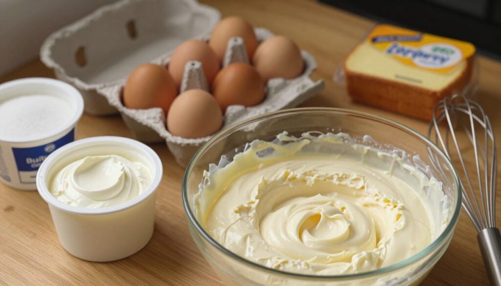 A close-up view of a wooden kitchen countertop featuring various ingredients for a creamy cheesecake. In the foreground, there are containers of cream cheese, sour cream, and sugar, arranged artistically beside a mixing bowl filled with a smooth, velvety mixture. A whisk is elegantly placed next to the bowl. In the middle background, there are fresh eggs in a rustic carton and a pack of sponge cake, hinting at the base for the cheesecake. The scene is illuminated with warm, soft lighting to create a cozy kitchen atmosphere. The angle is slightly above, offering a good perspective of the ingredients while maintaining a detailed focus on the creamy mixture. A close-up view of a wooden kitchen countertop featuring various ingredients for a creamy cheesecake. In the foreground, there are containers of cream cheese, sour cream, and sugar, arranged artistically beside a mixing bowl filled with a smooth, velvety mixture. A whisk is elegantly placed next to the bowl. In the middle background, there are fresh eggs in a rustic carton and a pack of sponge cake, hinting at the base for the cheesecake. The scene is illuminated with warm, soft lighting to create a cozy kitchen atmosphere. The angle is slightly above, offering a good perspective of the ingredients while maintaining a detailed focus on the creamy mixture.