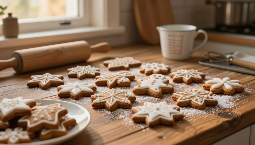 A close-up view of freshly baked, soft gingerbread cookies arranged on a rustic wooden table. The cookies are beautifully decorated with white icing, showcasing intricate designs and festive patterns. In the background, a cozy kitchen setting with warm, ambient lighting, featuring baking tools like rolling pins and measuring cups neatly placed. A plate of gingerbread cookies is partially in focus in the foreground, and a dusting of powdered sugar adds a touch of charm. Soft, golden light filters through a window, creating a warm and inviting atmosphere that emphasizes the festive spirit of the recipe. The scene conveys warmth, nostalgia, and the joy of holiday baking, perfect for illustrating a traditional recipe. A close-up view of freshly baked, soft gingerbread cookies arranged on a rustic wooden table. The cookies are beautifully decorated with white icing, showcasing intricate designs and festive patterns. In the background, a cozy kitchen setting with warm, ambient lighting, featuring baking tools like rolling pins and measuring cups neatly placed. A plate of gingerbread cookies is partially in focus in the foreground, and a dusting of powdered sugar adds a touch of charm. Soft, golden light filters through a window, creating a warm and inviting atmosphere that emphasizes the festive spirit of the recipe. The scene conveys warmth, nostalgia, and the joy of holiday baking, perfect for illustrating a traditional recipe.