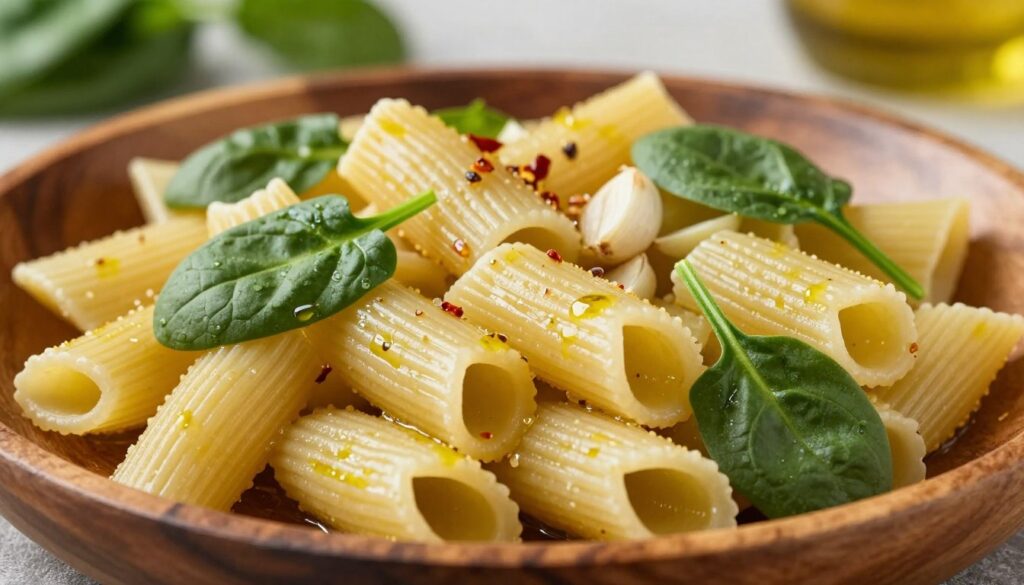 A close-up view of perfectly cooked "makaron al dente," showcasing the ideal balance of firmness and texture, glistening with a light coating of olive oil. In the foreground, the pasta is elegantly arranged on a rustic wooden plate, with fresh spinach leaves intermingled, their vibrant green contrasting beautifully against the golden hue of the pasta. In the middle ground, a soft-focus of sautéed garlic and chili flakes, hinting at the dish's delicate seasoning. The background hints at a cozy kitchen atmosphere, with a blurred glimpse of hanging herbs. The lighting is warm and inviting, accentuating the textures of the pasta and the freshness of the spinach, creating an appetizing and sophisticated mood.