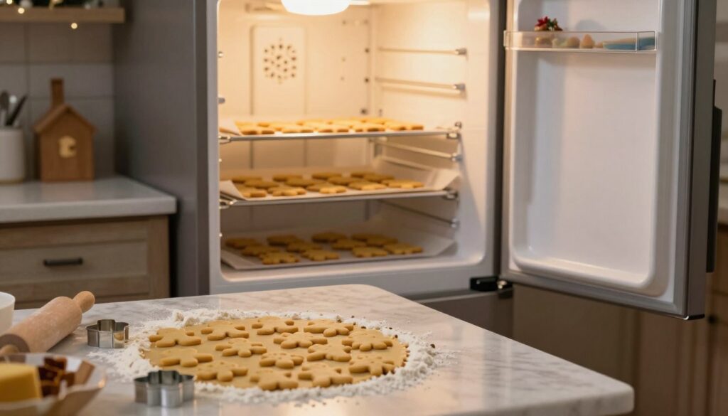 A cozy, inviting kitchen scene showcasing the process of chilling cut gingerbread cookies before baking. In the foreground, a marble countertop is sprinkled with flour, with a rolling pin and cookie cutters positioned neatly beside several neatly cut cookie shapes, ready for their time in the fridge. In the middle, an open refrigerator door displays a shelf lined with parchment paper holding the shaped cookies, contrasting with the warm, ambient light of the kitchen. In the background, soft yellow light illuminates rustic wooden cabinets and holiday decorations, creating a festive atmosphere. The overall mood is cheerful and comforting, evoking the spirit of holiday baking, with warm tones and gentle shadows enhancing the scene’s welcoming feel. A cozy, inviting kitchen scene showcasing the process of chilling cut gingerbread cookies before baking. In the foreground, a marble countertop is sprinkled with flour, with a rolling pin and cookie cutters positioned neatly beside several neatly cut cookie shapes, ready for their time in the fridge. In the middle, an open refrigerator door displays a shelf lined with parchment paper holding the shaped cookies, contrasting with the warm, ambient light of the kitchen. In the background, soft yellow light illuminates rustic wooden cabinets and holiday decorations, creating a festive atmosphere. The overall mood is cheerful and comforting, evoking the spirit of holiday baking, with warm tones and gentle shadows enhancing the scene’s welcoming feel.