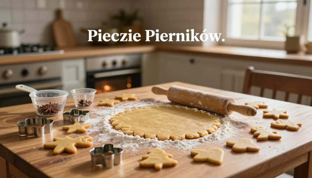 A cozy kitchen scene centered around the process of baking gingerbread cookies, titled "Pieczenie Pierników." In the foreground, a wooden table is scattered with various cookie cutters in the shape of stars, trees, and hearts, showcasing 3D forms designed to prevent deformation. In the middle, a rolling pin dusted with flour rests beside a perfectly rolled sheet of gingerbread dough, alongside measuring cups and spices. In the background, a warm oven glows softly, indicating the ideal baking temperature. Soft, inviting lighting fills the kitchen, casting gentle shadows and enhancing the golden brown hues of the cookies. A rustic window allows sunlight to stream in, creating a cozy, homely atmosphere, perfect for holiday baking. A cozy kitchen scene centered around the process of baking gingerbread cookies, titled "Pieczenie Pierników." In the foreground, a wooden table is scattered with various cookie cutters in the shape of stars, trees, and hearts, showcasing 3D forms designed to prevent deformation. In the middle, a rolling pin dusted with flour rests beside a perfectly rolled sheet of gingerbread dough, alongside measuring cups and spices. In the background, a warm oven glows softly, indicating the ideal baking temperature. Soft, inviting lighting fills the kitchen, casting gentle shadows and enhancing the golden brown hues of the cookies. A rustic window allows sunlight to stream in, creating a cozy, homely atmosphere, perfect for holiday baking.