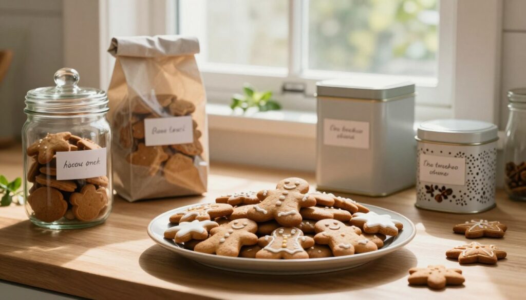 A cozy kitchen scene featuring freshly baked gingerbread cookies. In the foreground, a beautifully arranged plate of gingerbread, adorned with simple icing decorations, sits on a wooden table. Around it, various methods of storage are displayed: a glass jar, a cloth-wrapped packet, and a decorative tin, each labeled with different techniques for keeping the gingerbread fresh. The middle ground showcases natural lighting streaming in through a window, casting soft shadows and highlighting the warm brown tones of the cookies. A subtle background of kitchen herbs and spices adds an inviting aroma to the atmosphere, creating a nostalgic, homely feeling. The composition focuses on maintaining the cookies' moisture and flavor, inviting viewers into the enchanting world of gingerbread preservation. A cozy kitchen scene featuring freshly baked gingerbread cookies. In the foreground, a beautifully arranged plate of gingerbread, adorned with simple icing decorations, sits on a wooden table. Around it, various methods of storage are displayed: a glass jar, a cloth-wrapped packet, and a decorative tin, each labeled with different techniques for keeping the gingerbread fresh. The middle ground showcases natural lighting streaming in through a window, casting soft shadows and highlighting the warm brown tones of the cookies. A subtle background of kitchen herbs and spices adds an inviting aroma to the atmosphere, creating a nostalgic, homely feeling. The composition focuses on maintaining the cookies' moisture and flavor, inviting viewers into the enchanting world of gingerbread preservation.