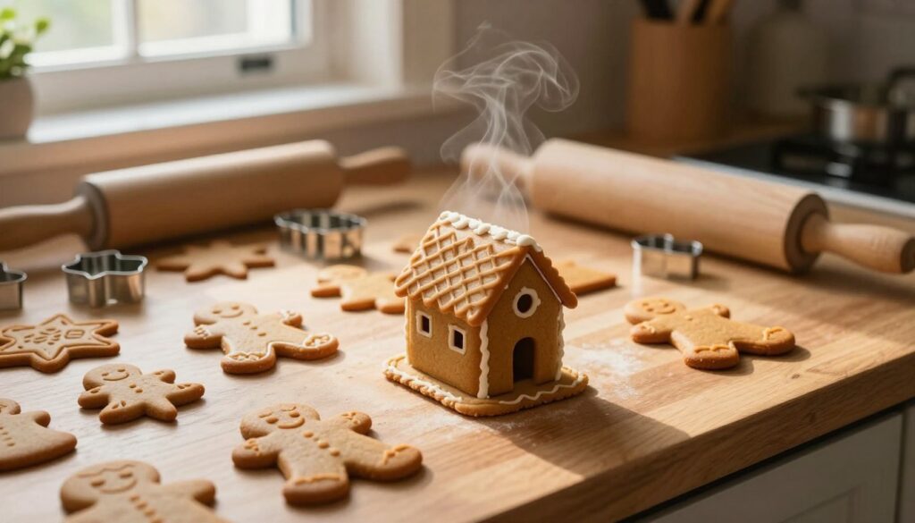 A cozy kitchen scene featuring freshly baked gingerbread house components cooling on a wooden countertop. In the foreground, highlight a variety of intricately shaped gingerbread pieces - walls, roof, and decorative elements - with a hint of steam still rising from them. In the middle ground, include a well-organized workspace with baking tools like rolling pins, cookie cutters, and a measuring scale, all set under warm, ambient lighting that casts gentle shadows. The background features a window with soft daylight filtering through, enhancing the warm, inviting atmosphere. Utilize a close-up angle to focus on the textures of the gingerbread, emphasizing the golden-brown hue and crisp edges, anticipating the next steps of assembly. A cozy kitchen scene featuring freshly baked gingerbread house components cooling on a wooden countertop. In the foreground, highlight a variety of intricately shaped gingerbread pieces - walls, roof, and decorative elements - with a hint of steam still rising from them. In the middle ground, include a well-organized workspace with baking tools like rolling pins, cookie cutters, and a measuring scale, all set under warm, ambient lighting that casts gentle shadows. The background features a window with soft daylight filtering through, enhancing the warm, inviting atmosphere. Utilize a close-up angle to focus on the textures of the gingerbread, emphasizing the golden-brown hue and crisp edges, anticipating the next steps of assembly.