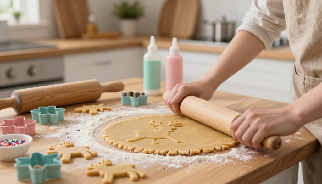 A cozy kitchen scene focused on a person gently rolling out gingerbread dough on a floured wooden countertop. In the foreground, a wooden rolling pin is being used, with rectangular shapes of dough scattered nearby, ready to be cut into festive reindeer cookie shapes. The mid-ground features various cookie cutters, sprinkles, and icing tubes in pastel colors, reflecting a homemade vibe. In the background, warm, soft lighting creates a welcoming atmosphere, highlighting the rustic kitchen decor, including wooden shelves filled with baking supplies. The scene conveys a sense of joy and creativity, perfect for illustrating the step-by-step process of making delightful reindeer cookies with no added stress.