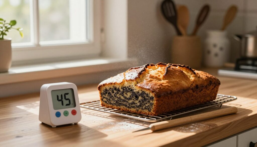 A cozy kitchen scene focused on an elegantly baked poppy seed cake (makowiec) cooling on a wooden countertop. In the foreground, a cooking timer shows 45 minutes, beside a wooden skewer inserted into the cake to check doneness. The cake has a golden-brown crust with a glistening top, showcasing a slight crack, hinting at perfect baking. In the middle ground, there is a window allowing warm, natural light to pour in, illuminating the specks of flour dust in the air. Soft shadows create a warm, inviting atmosphere. Background elements include a rustic kitchen with baking utensils neatly arranged and a few pieces of decorative kitchenware, enhancing the homely feel. The focus is sharp on the cake and timer, with a slight bokeh effect on the background. A cozy kitchen scene focused on an elegantly baked poppy seed cake (makowiec) cooling on a wooden countertop. In the foreground, a cooking timer shows 45 minutes, beside a wooden skewer inserted into the cake to check doneness. The cake has a golden-brown crust with a glistening top, showcasing a slight crack, hinting at perfect baking. In the middle ground, there is a window allowing warm, natural light to pour in, illuminating the specks of flour dust in the air. Soft shadows create a warm, inviting atmosphere. Background elements include a rustic kitchen with baking utensils neatly arranged and a few pieces of decorative kitchenware, enhancing the homely feel. The focus is sharp on the cake and timer, with a slight bokeh effect on the background.