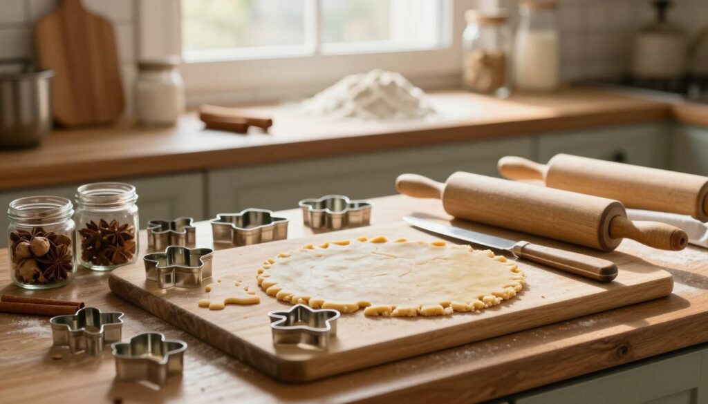 A cozy kitchen scene focused on essential materials and tools for making gingerbread cookie cutters. In the foreground, display a wooden cutting board with a variety of shaped templates cut from paper, alongside rolls of dough and small jars of spices like ginger and cinnamon. The middle section features baking utensils such as a rolling pin and a knife, with a soft light illuminating them. In the background, a rustic kitchen counter filled with flour, cookie molds, and a window letting in warm, natural sunlight, creating a homely atmosphere. Emphasize a warm, inviting mood that reflects the creativity and fun of baking during the holiday season.