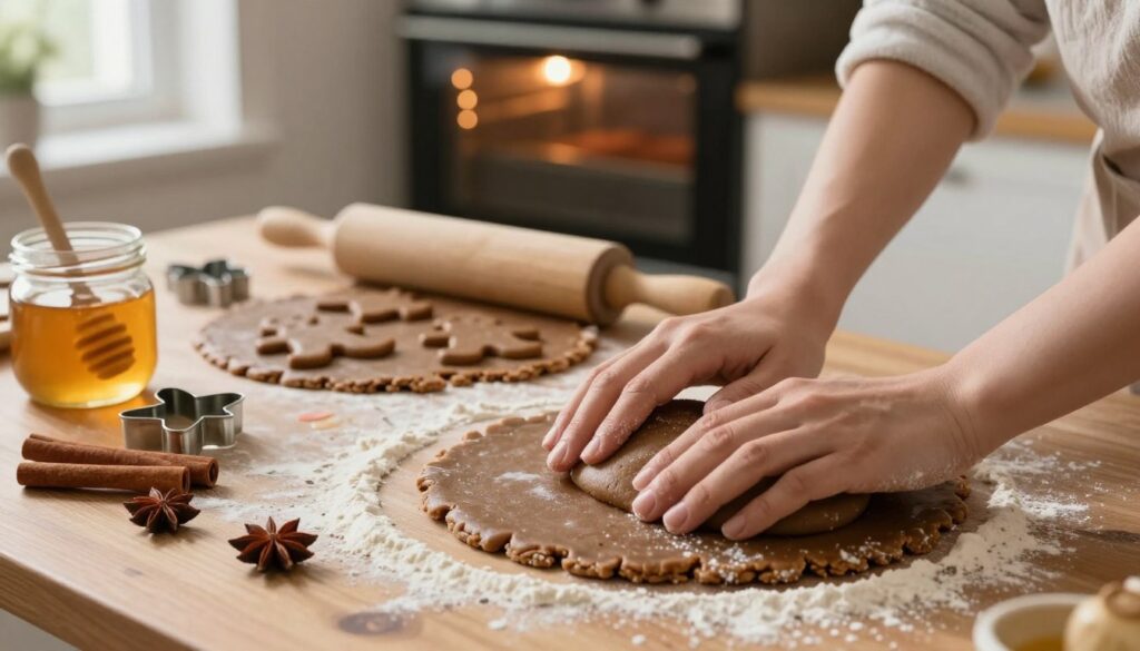 A cozy kitchen scene focused on the preparation of gingerbread dough. In the foreground, a wooden table is scattered with flour, while hands expertly knead a large lump of dark gingerbread dough, with colorful spices and ingredients like cinnamon sticks and honey jars nearby. In the middle, a rolling pin is resting atop another portion of dough, shaped with holiday-themed cookie cutters, creating a festive atmosphere. The background features a softly lit oven with a warm glow, hinting at freshly baked gingerbread. Natural light streams in through a window, casting a gentle warmth over the scene, evoking a sense of comfort and anticipation, perfect for capturing the essence of soft, fluffy gingerbread. A cozy kitchen scene focused on the preparation of gingerbread dough. In the foreground, a wooden table is scattered with flour, while hands expertly knead a large lump of dark gingerbread dough, with colorful spices and ingredients like cinnamon sticks and honey jars nearby. In the middle, a rolling pin is resting atop another portion of dough, shaped with holiday-themed cookie cutters, creating a festive atmosphere. The background features a softly lit oven with a warm glow, hinting at freshly baked gingerbread. Natural light streams in through a window, casting a gentle warmth over the scene, evoking a sense of comfort and anticipation, perfect for capturing the essence of soft, fluffy gingerbread.