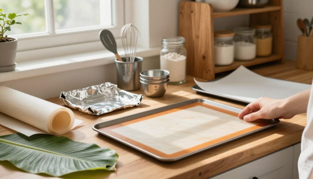 A cozy kitchen scene showcasing a variety of safe and effective alternatives to parchment paper. In the foreground, a hand is placing a silicone baking mat on a wooden countertop, surrounded by parchment paper replacements like aluminum foil, reusable baking sheets, and banana leaves. The kitchen's soft natural light streams through a nearby window, casting gentle shadows that enhance the inviting atmosphere. In the middle ground, a beautifully organized array of baking utensils, including measuring cups and a whisk, is artfully arranged, emphasizing readiness for baking. In the background, a rustic kitchen shelf filled with baking ingredients, such as flour and sugar, adds depth to the scene. The overall mood is warm and encouraging, reinforcing the idea of easy baking solutions.