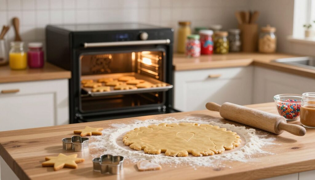 A cozy kitchen scene showcasing the process of baking gingerbread cookies. In the foreground, a wooden countertop is scattered with flour and cookie cutters in festive shapes like stars and hearts. A rolling pin lies nearby, with freshly rolled dough ready to be cut. In the middle, a warm oven is visible, with golden-brown gingerbread cookies peeking out. The background features shelves filled with jars of colorful icing and sprinkles, creating a vibrant atmosphere. Soft, warm lighting casts gentle shadows, enhancing the inviting feel of the space. The overall mood is joyful and festive, capturing the essence of holiday baking and decoration. A cozy kitchen scene showcasing the process of baking gingerbread cookies. In the foreground, a wooden countertop is scattered with flour and cookie cutters in festive shapes like stars and hearts. A rolling pin lies nearby, with freshly rolled dough ready to be cut. In the middle, a warm oven is visible, with golden-brown gingerbread cookies peeking out. The background features shelves filled with jars of colorful icing and sprinkles, creating a vibrant atmosphere. Soft, warm lighting casts gentle shadows, enhancing the inviting feel of the space. The overall mood is joyful and festive, capturing the essence of holiday baking and decoration.