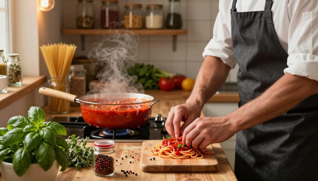 A cozy kitchen scene where a skilled chef in modest casual clothing is passionately preparing spaghetti sauce on a wooden countertop. In the foreground, vibrant basil and fragrant oregano are freshly chopped on a cutting board, while a small jar of red pepper flakes and whole black peppercorns sit nearby. The middle ground features a bubbling pot of rich, red tomato sauce simmering on the stove, with steam softly rising. In the background, soft, warm lighting illuminates rustic kitchen shelves filled with jars of spices, fresh vegetables, and pasta, creating an inviting atmosphere. The angle captures the chef focusing intently on the sauce, enhancing the mood of culinary passion and aromatic discovery.