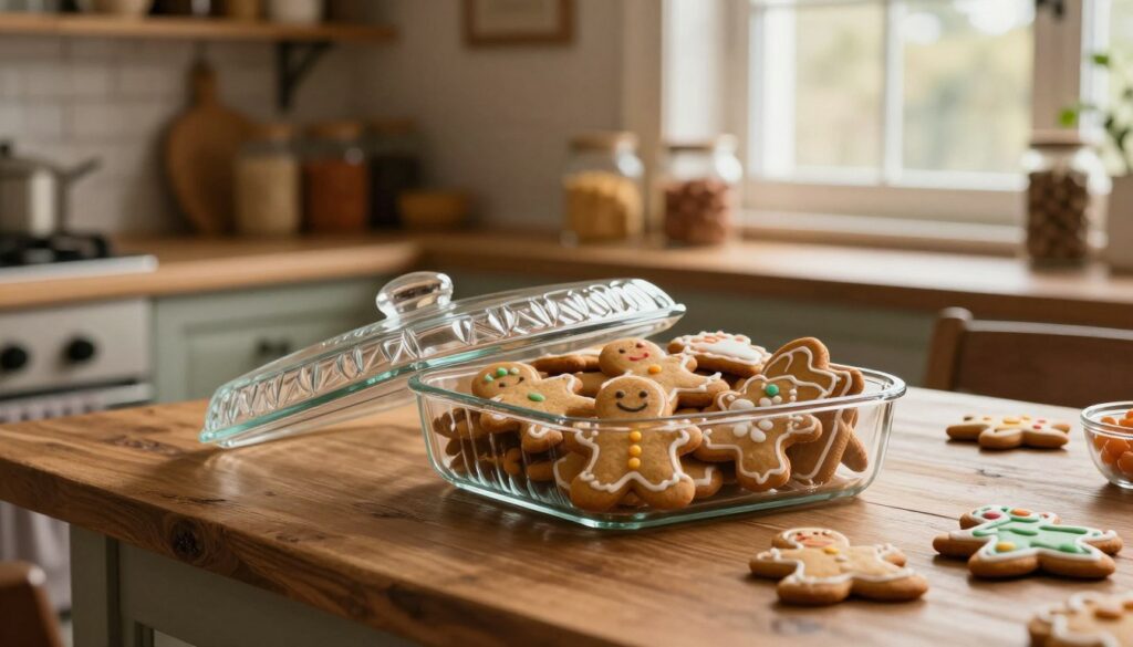 A cozy kitchen setting, with a rustic wooden table prominently displaying beautifully decorated gingerbread cookies in a decorative, open container. The container is made of glass, showcasing the cookies in various shapes, glistening with a hint of glaze. Soft, warm lighting pours in from a nearby window, creating a welcoming atmosphere. In the background, shelves are filled with spices and baking ingredients, adding to the charm. The color palette includes warm browns, soft oranges, and hints of festive greens, evoking a sense of nostalgia and warmth. The overall mood is one of homey comfort and anticipation, perfect for illustrating the theme of storing gingerbread for flavor enhancement. A cozy kitchen setting, with a rustic wooden table prominently displaying beautifully decorated gingerbread cookies in a decorative, open container. The container is made of glass, showcasing the cookies in various shapes, glistening with a hint of glaze. Soft, warm lighting pours in from a nearby window, creating a welcoming atmosphere. In the background, shelves are filled with spices and baking ingredients, adding to the charm. The color palette includes warm browns, soft oranges, and hints of festive greens, evoking a sense of nostalgia and warmth. The overall mood is one of homey comfort and anticipation, perfect for illustrating the theme of storing gingerbread for flavor enhancement.