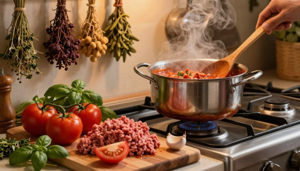 A cozy, rustic kitchen scene showcasing the process of making Bolognese sauce. In the foreground, there are fresh ingredients: ripe tomatoes, ground meat, fresh herbs like basil and oregano, and a clove of garlic, all artfully arranged on a wooden cutting board. In the middle, an elegant stainless steel pot simmers on a gas stove, releasing aromatic steam. A wooden spoon rests beside it, indicating activity. The background features dried herbs hanging from a rack, with warm, ambient lighting casting a golden hue across the kitchen, evoking a homey, inviting atmosphere. The scene should be shot from a slight overhead angle, emphasizing the vibrant colors and textures of the fresh ingredients, while creating a sense of warmth and comfort typical of a traditional trattoria.
