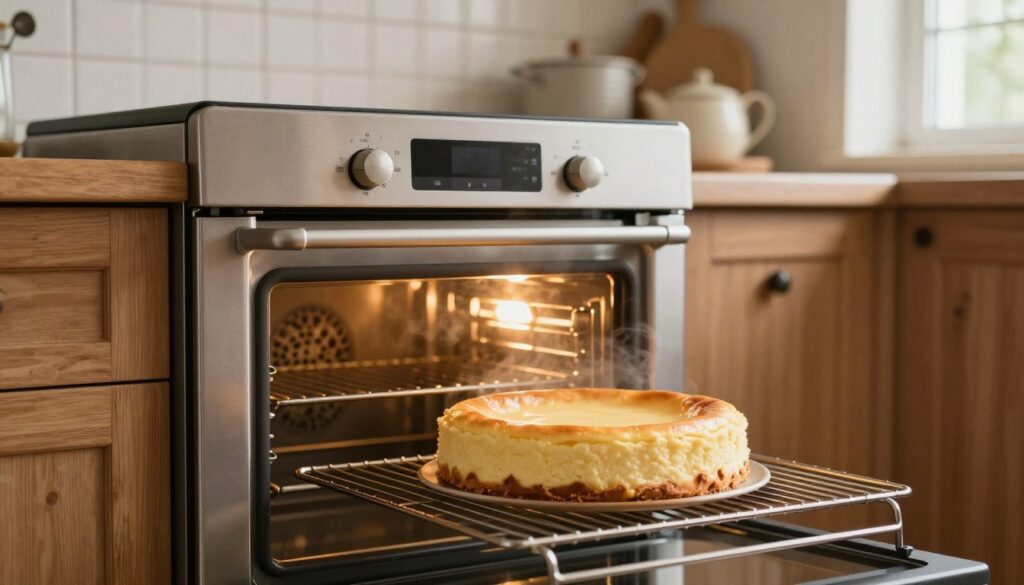 A cozy, warm kitchen interior featuring a stylish, modern oven (piekarnik) in a softly illuminated scene. In the foreground, a freshly baked cheesecake cooling on a wire rack. The cheesecake has a smooth, golden top with a perfect, uncracked surface, showcasing its deliciousness. The middle layer includes the oven, slightly ajar, with steam gently rising, suggesting a comforting warmth. The background holds rustic wooden cabinets and a subtle display of kitchenware. Soft, natural light streams through a nearby window, illuminating the scene, creating a peaceful and inviting atmosphere. The composition captures the essence of home baking, evoking feelings of comfort and culinary delight. A cozy, warm kitchen interior featuring a stylish, modern oven (piekarnik) in a softly illuminated scene. In the foreground, a freshly baked cheesecake cooling on a wire rack. The cheesecake has a smooth, golden top with a perfect, uncracked surface, showcasing its deliciousness. The middle layer includes the oven, slightly ajar, with steam gently rising, suggesting a comforting warmth. The background holds rustic wooden cabinets and a subtle display of kitchenware. Soft, natural light streams through a nearby window, illuminating the scene, creating a peaceful and inviting atmosphere. The composition captures the essence of home baking, evoking feelings of comfort and culinary delight.