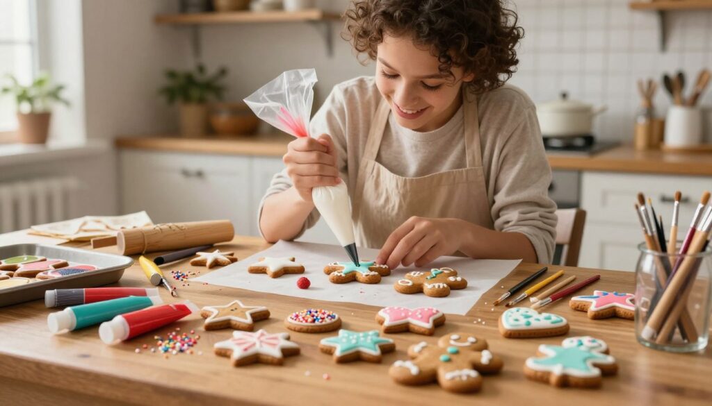 A cozy, warmly lit kitchen scene focused on decorated gingerbread cookies, showcasing various pastry tools and accessories. In the foreground, a wooden table covered with a variety of brightly colored icing tubes, sprinkles, and small paintbrushes used for intricate designs. Gingerbread cookies shaped like stars, hearts, and gingerbread men are beautifully adorned with white and pastel-colored icing, with delicate patterns drawn on their surfaces. The middle ground features a delighted person in a modest casual outfit, carefully decorating a cookie with a piping bag, expressing concentration and joy. In the background, shelves lined with baking supplies and warm, inviting kitchen decor create a homely atmosphere. Soft natural light filters through a window, highlighting the textures and colors of the scene, making it feel warm and festive.