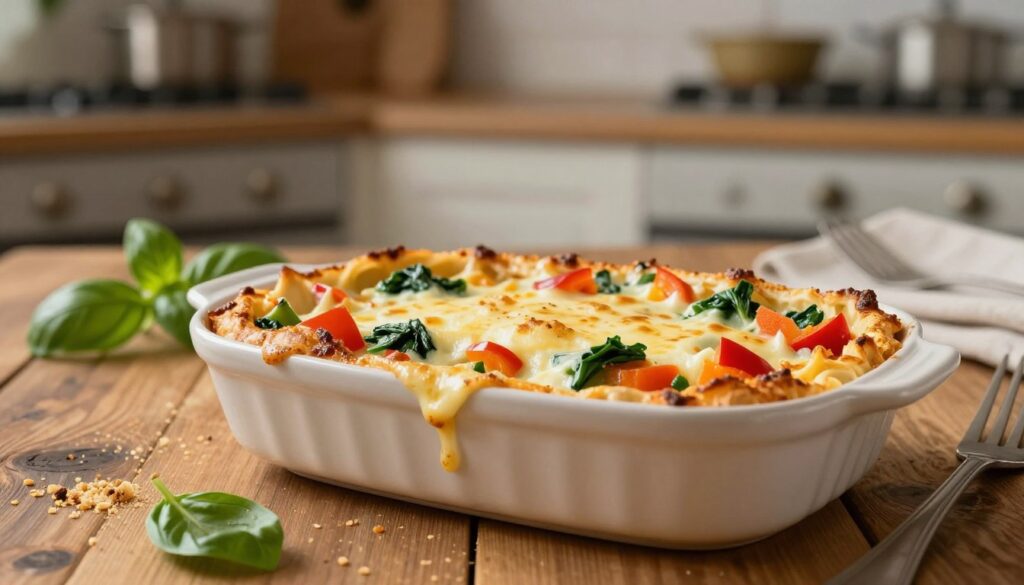 A delicious zapiekanka makaronu, a baked pasta dish, prominently displayed as the focal point in the foreground, golden and bubbling with melted cheese on top, mixed with colorful diced vegetables like bell peppers and spinach. Surround the dish with a rustic wooden table setting, featuring a few fresh basil leaves and a light sprinkling of breadcrumbs for texture. In the background, offer a cozy kitchen ambiance with soft, warm lighting illuminating the scene, creating a comforting and inviting atmosphere. Use a slightly shallow depth of field to keep the focus on the zapiekanka while subtly blurring the kitchen elements behind. The overall mood should evoke warmth, home-cooked comfort, and the joy of using leftovers creatively.