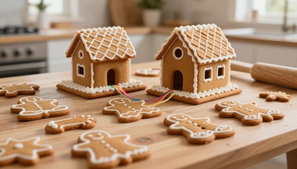 A detailed illustration of a gingerbread house template showcasing various wall and roof elements neatly arranged on a wooden workbench. In the foreground, focus on intricately designed gingerbread pieces like walls with decorative icing patterns and the roof tiles. In the middle ground, include a partially assembled gingerbread house, highlighting the structural integrity of the components, with thin strands of colorful icing connecting them. The background features a cozy kitchen setting with soft, warm lighting emanating from a nearby window, enhancing a festive atmosphere. Create depth using a shallow depth of field, and employ a slightly elevated angle to capture the craftsmanship of the gingerbread elements in the scene, evoking a sense of joy and creativity in baking. A detailed illustration of a gingerbread house template showcasing various wall and roof elements neatly arranged on a wooden workbench. In the foreground, focus on intricately designed gingerbread pieces like walls with decorative icing patterns and the roof tiles. In the middle ground, include a partially assembled gingerbread house, highlighting the structural integrity of the components, with thin strands of colorful icing connecting them. The background features a cozy kitchen setting with soft, warm lighting emanating from a nearby window, enhancing a festive atmosphere. Create depth using a shallow depth of field, and employ a slightly elevated angle to capture the craftsmanship of the gingerbread elements in the scene, evoking a sense of joy and creativity in baking.