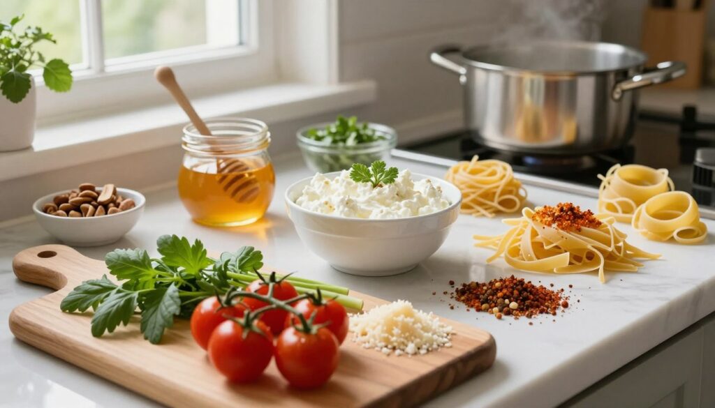 A flat lay composition showcasing various creative modifications for a pasta with cottage cheese recipe. In the foreground, a wooden chopping board displays colorful ingredients—fresh herbs, cherry tomatoes, and a sprinkle of cheese. The middle layer features a bowl of creamy cottage cheese, surrounded by various toppings like honey, nuts, and spices, illustrating sweet and savory options. In the background, a softly lit kitchen setting includes a pot of boiling water and a few uncooked pasta shapes. Natural light filters in from a nearby window, creating a warm and inviting atmosphere. The scene captures the essence of comfort food, evoking a sense of creativity and homeliness in cooking. A flat lay composition showcasing various creative modifications for a pasta with cottage cheese recipe. In the foreground, a wooden chopping board displays colorful ingredients—fresh herbs, cherry tomatoes, and a sprinkle of cheese. The middle layer features a bowl of creamy cottage cheese, surrounded by various toppings like honey, nuts, and spices, illustrating sweet and savory options. In the background, a softly lit kitchen setting includes a pot of boiling water and a few uncooked pasta shapes. Natural light filters in from a nearby window, creating a warm and inviting atmosphere. The scene captures the essence of comfort food, evoking a sense of creativity and homeliness in cooking.