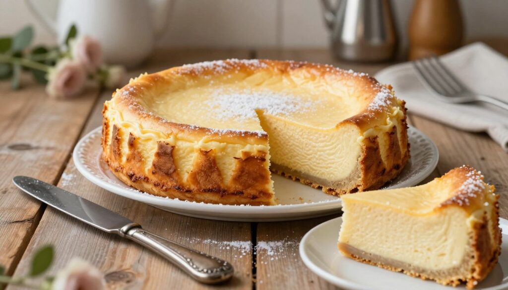 A freshly baked cheesecake, or "sernik," resting on a rustic wooden table, showcasing its golden-brown top with a smooth, creamy surface. The cheesecake is garnished with a light dusting of powdered sugar and sits on a delicate white plate. In the foreground, a vintage pastry knife and a slice of cake, revealing its rich texture, are elegantly placed. The background features hints of a cozy kitchen with soft, diffused warm lighting that highlights the inviting atmosphere. Subtle floral decorations and kitchen utensils add a touch of homey charm. The overall mood is warm and inviting, emphasizing the importance of caring for cheesecake after baking. A freshly baked cheesecake, or "sernik," resting on a rustic wooden table, showcasing its golden-brown top with a smooth, creamy surface. The cheesecake is garnished with a light dusting of powdered sugar and sits on a delicate white plate. In the foreground, a vintage pastry knife and a slice of cake, revealing its rich texture, are elegantly placed. The background features hints of a cozy kitchen with soft, diffused warm lighting that highlights the inviting atmosphere. Subtle floral decorations and kitchen utensils add a touch of homey charm. The overall mood is warm and inviting, emphasizing the importance of caring for cheesecake after baking.