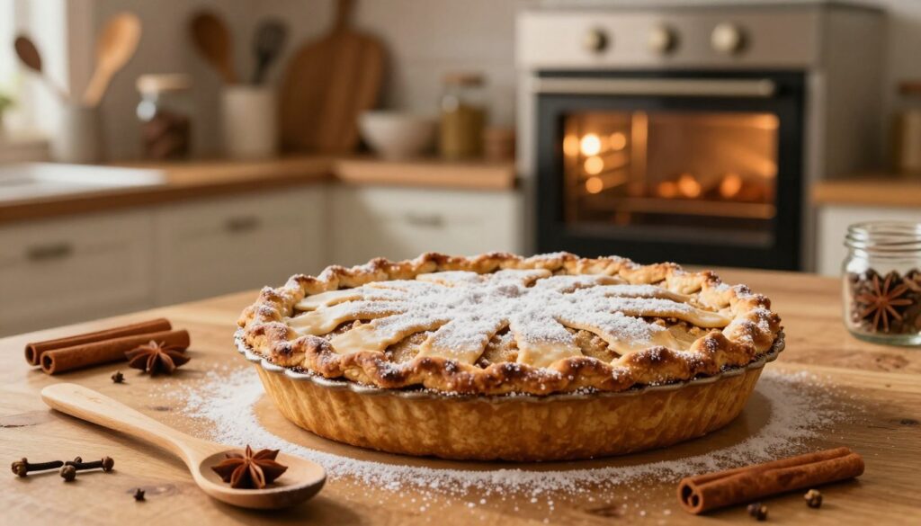 A freshly baked gingerbread pie, beautifully glazed and resting on a wooden kitchen countertop. The pie is adorned with a light dusting of powdered sugar, surrounded by warm spices like cinnamon and cloves. In the foreground, a wooden spoon rests next to the pie, hinting at the baking process. In the middle ground, a traditional kitchen setting with shelves filled with baking utensils and jars of spices can be seen. The background features a soft-focus view of an oven with the door slightly open, revealing a warm, inviting glow inside. The lighting is warm and golden, creating a cozy and inviting atmosphere, while the camera angle captures the pie from a slightly elevated perspective, emphasizing its delicious texture and appearance. A freshly baked gingerbread pie, beautifully glazed and resting on a wooden kitchen countertop. The pie is adorned with a light dusting of powdered sugar, surrounded by warm spices like cinnamon and cloves. In the foreground, a wooden spoon rests next to the pie, hinting at the baking process. In the middle ground, a traditional kitchen setting with shelves filled with baking utensils and jars of spices can be seen. The background features a soft-focus view of an oven with the door slightly open, revealing a warm, inviting glow inside. The lighting is warm and golden, creating a cozy and inviting atmosphere, while the camera angle captures the pie from a slightly elevated perspective, emphasizing its delicious texture and appearance.