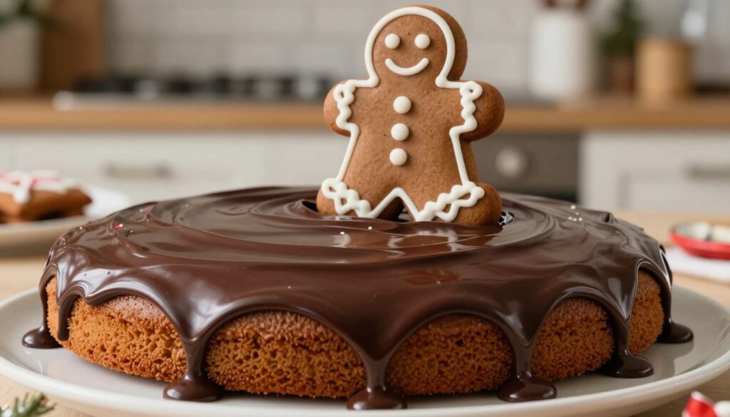 A luscious, glossy chocolate ganache made from rich dark chocolate and smooth cream, spilling over the edge of a freshly baked gingerbread cake. The foreground features the glossy ganache, showcasing its velvety texture and deep chocolate hue, glistening under soft, warm lighting. In the middle, a beautifully decorated gingerbread cake with intricate icing details stands tall, adorned with festive sprinkles. The background is a subtle, blurred kitchen scene, giving a homely, inviting atmosphere, with hints of holiday decorations. The image is captured from a slightly elevated angle, emphasizing the ganache’s rich flow while creating an inviting and comforting mood, perfect for holiday baking. A luscious, glossy chocolate ganache made from rich dark chocolate and smooth cream, spilling over the edge of a freshly baked gingerbread cake. The foreground features the glossy ganache, showcasing its velvety texture and deep chocolate hue, glistening under soft, warm lighting. In the middle, a beautifully decorated gingerbread cake with intricate icing details stands tall, adorned with festive sprinkles. The background is a subtle, blurred kitchen scene, giving a homely, inviting atmosphere, with hints of holiday decorations. The image is captured from a slightly elevated angle, emphasizing the ganache’s rich flow while creating an inviting and comforting mood, perfect for holiday baking.