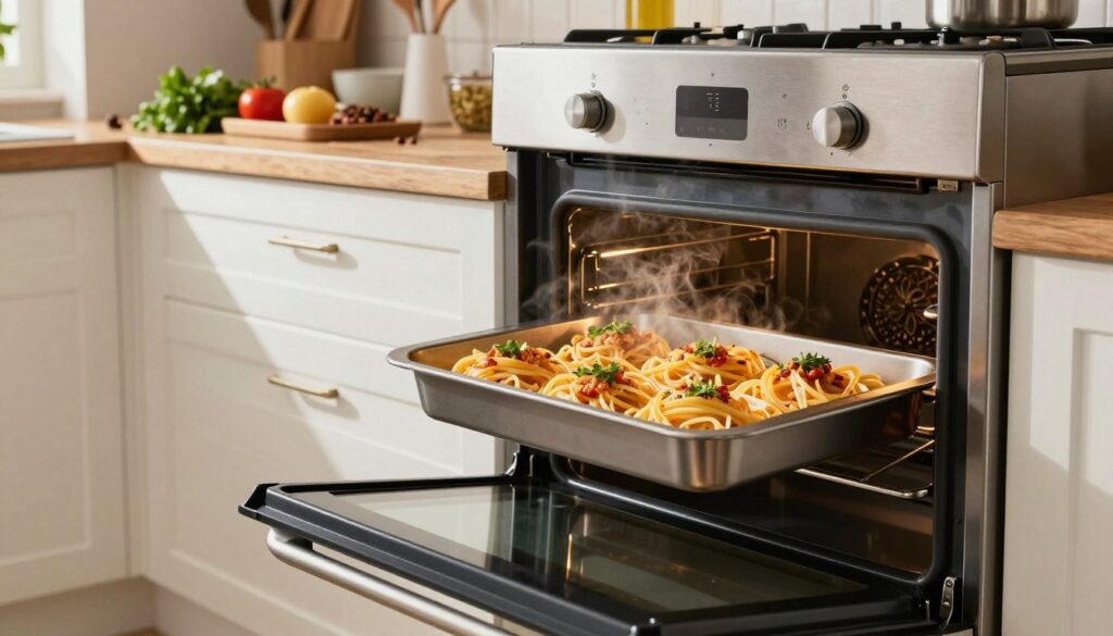 A modern kitchen scene featuring an elegant oven in the foreground, with its door open to reveal a beautifully arranged tray of pasta dishes, steaming and golden-brown. The oven is sleek and stainless steel, highlighted by soft, warm lighting that creates a cozy atmosphere. In the middle ground, a rustic wooden countertop is scattered with ingredients like fresh herbs and spices, adding a touch of color and texture. In the background, bright kitchen tools and a well-stocked pantry hint at culinary activity. The angle captures the depth of the kitchen, inviting the viewer into this warm and appetizing space. The overall mood is inviting and homely, emphasizing the art of reheating pasta evenly without drying it out.