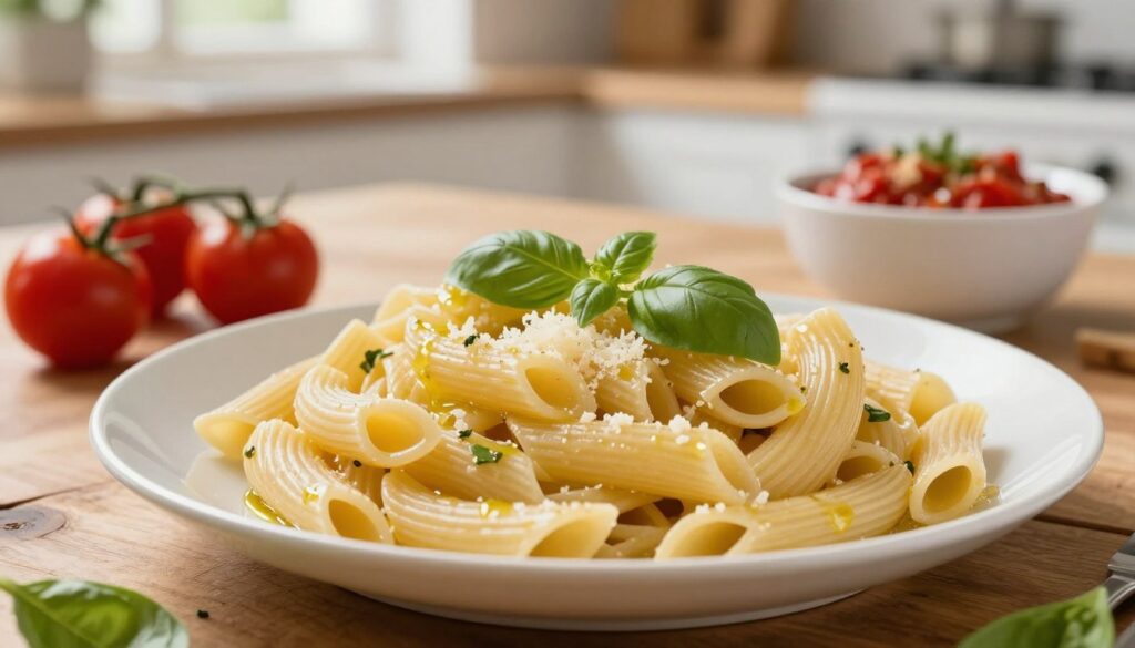A perfectly cooked plate of al dente pasta is the focal point of this image, showcasing strands of golden, slightly firm macaroni. The foreground features a close-up of the pasta, glistening with a light drizzle of olive oil, scattered with fresh basil leaves and a sprinkle of grated Parmesan cheese. In the middle ground, a rustic wooden table is visible, adorned with a few cherry tomatoes and a small bowl of homemade marinara sauce, emphasizing the freshness of the ingredients. The background is softly blurred, revealing a well-lit kitchen setting with warm natural light streaming in through a window, creating an inviting and cozy atmosphere. The composition should evoke the ideal of Italian culinary tradition, highlighting the texture and color of the pasta while maintaining a clean, appetizing aesthetic. A perfectly cooked plate of al dente pasta is the focal point of this image, showcasing strands of golden, slightly firm macaroni. The foreground features a close-up of the pasta, glistening with a light drizzle of olive oil, scattered with fresh basil leaves and a sprinkle of grated Parmesan cheese. In the middle ground, a rustic wooden table is visible, adorned with a few cherry tomatoes and a small bowl of homemade marinara sauce, emphasizing the freshness of the ingredients. The background is softly blurred, revealing a well-lit kitchen setting with warm natural light streaming in through a window, creating an inviting and cozy atmosphere. The composition should evoke the ideal of Italian culinary tradition, highlighting the texture and color of the pasta while maintaining a clean, appetizing aesthetic.