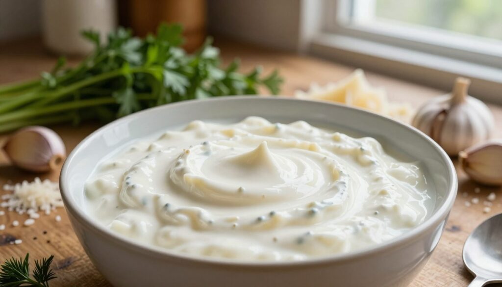 A rich, creamy bowl of fresh sour cream, known as "śmietaną," sits enticingly in the foreground. The texture is smooth and velvety, reflecting soft light that highlights its glossy surface. Surrounding the bowl are ingredients commonly used in pasta dishes, such as fresh herbs, garlic cloves, and a sprinkle of grated cheese, artfully arranged to provide a sense of depth. In the background, a rustic wooden table suggests a warm kitchen environment. Natural sunlight filters through a nearby window, casting gentle shadows and creating a cozy atmosphere. The overall mood is inviting and appetizing, evoking the essence of a perfect creamy sauce for pasta. The camera angle is slightly elevated, focusing on the bowl, ensuring the luscious details are emphasized while the background elements add context.