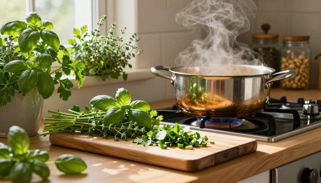 A rustic kitchen countertop filled with fresh, vibrant herbs like basil, parsley, and thyme, alongside a pot of pasta simmering on the stove. In the foreground, a wooden cutting board displays freshly chopped herbs, their colors bright and vivid, inviting the viewer to imagine their aroma. In the middle ground, a steaming pot of pasta reflects warm, natural light, creating a cozy atmosphere. The background showcases kitchen shelves with spice jars and a herb garden, adding depth to the scene. Soft, diffused lighting pours in from a window, casting gentle shadows and highlighting the textures of the herbs and ingredients. The mood is warm and inviting, celebrating the art of cooking with fresh herbs. A rustic kitchen countertop filled with fresh, vibrant herbs like basil, parsley, and thyme, alongside a pot of pasta simmering on the stove. In the foreground, a wooden cutting board displays freshly chopped herbs, their colors bright and vivid, inviting the viewer to imagine their aroma. In the middle ground, a steaming pot of pasta reflects warm, natural light, creating a cozy atmosphere. The background showcases kitchen shelves with spice jars and a herb garden, adding depth to the scene. Soft, diffused lighting pours in from a window, casting gentle shadows and highlighting the textures of the herbs and ingredients. The mood is warm and inviting, celebrating the art of cooking with fresh herbs.