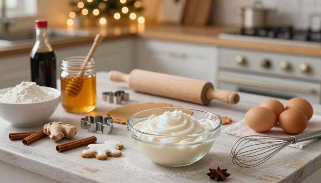 A rustic kitchen countertop filled with ingredients for gingerbread dough: a bowl of flour, a jar of honey, molasses, spices like cinnamon and ginger scattered around, and eggs with a whisk beside them. In the foreground, an elegant glass bowl holds mixed icing for royal icing, shimmering white and ready for decoration. The middle layer features a wooden rolling pin and cookie cutters shaped like reindeer. The background shows a softly lit kitchen with warm fairy lights illuminating the space, enhancing the cozy, festive atmosphere. A slight depth of field creates a gentle bokeh effect, focusing on the ingredients while blurring the background slightly, evoking a cheerful, holiday baking mood.