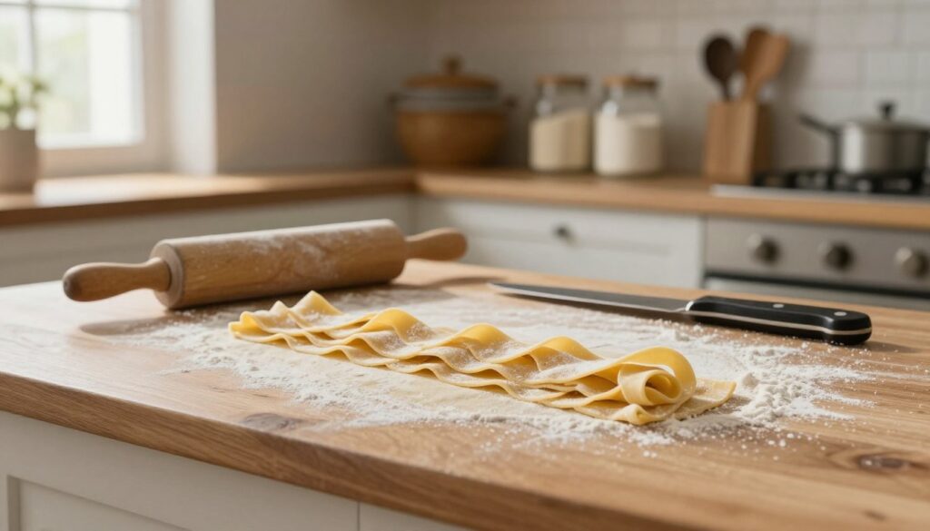 A rustic wooden kitchen countertop serves as the foreground, showcasing a beautifully prepared sheet of tagliatelle dough, its surface lightly dusted with flour. In the middle, a rolling pin and a sharp knife rest beside the neatly shaped pasta strips, inviting the viewer into the process of making fresh tagliatelle. Soft, diffused natural light filters through a nearby window, casting gentle shadows that enhance the texture of the dough. The background features a subtle blur of wooden shelves filled with jars of flour and cooking utensils, creating a warm and inviting atmosphere. The mood is cheerful and homely, emphasizing the joy of homemade pasta-making in a cozy kitchen environment.