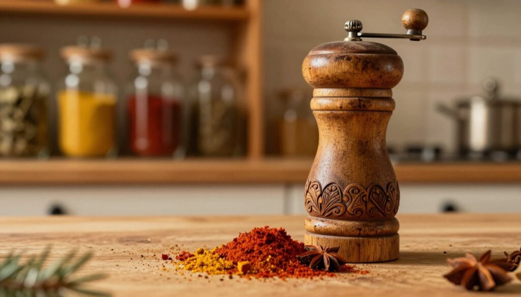A rustic wooden spice grinder, intricately carved and weathered, sits prominently in the foreground, with freshly ground spices spilling out, showcasing rich colors like deep brown, vibrant red, and golden yellow. A blurred background features a warm, softly lit kitchen scene, with shelves filled with glass jars of spices and herbs, creating an inviting atmosphere. The image captures the essence of holiday cooking, emphasizing the importance of grinding spices to release their aroma. Use warm, golden lighting to reflect the cozy mood of a festive kitchen, with a shallow depth of field focusing on the grinder. The angle should highlight the texture of the wood and the vibrant spices, evoking a sense of warmth and nostalgia perfect for holiday traditions. A rustic wooden spice grinder, intricately carved and weathered, sits prominently in the foreground, with freshly ground spices spilling out, showcasing rich colors like deep brown, vibrant red, and golden yellow. A blurred background features a warm, softly lit kitchen scene, with shelves filled with glass jars of spices and herbs, creating an inviting atmosphere. The image captures the essence of holiday cooking, emphasizing the importance of grinding spices to release their aroma. Use warm, golden lighting to reflect the cozy mood of a festive kitchen, with a shallow depth of field focusing on the grinder. The angle should highlight the texture of the wood and the vibrant spices, evoking a sense of warmth and nostalgia perfect for holiday traditions.